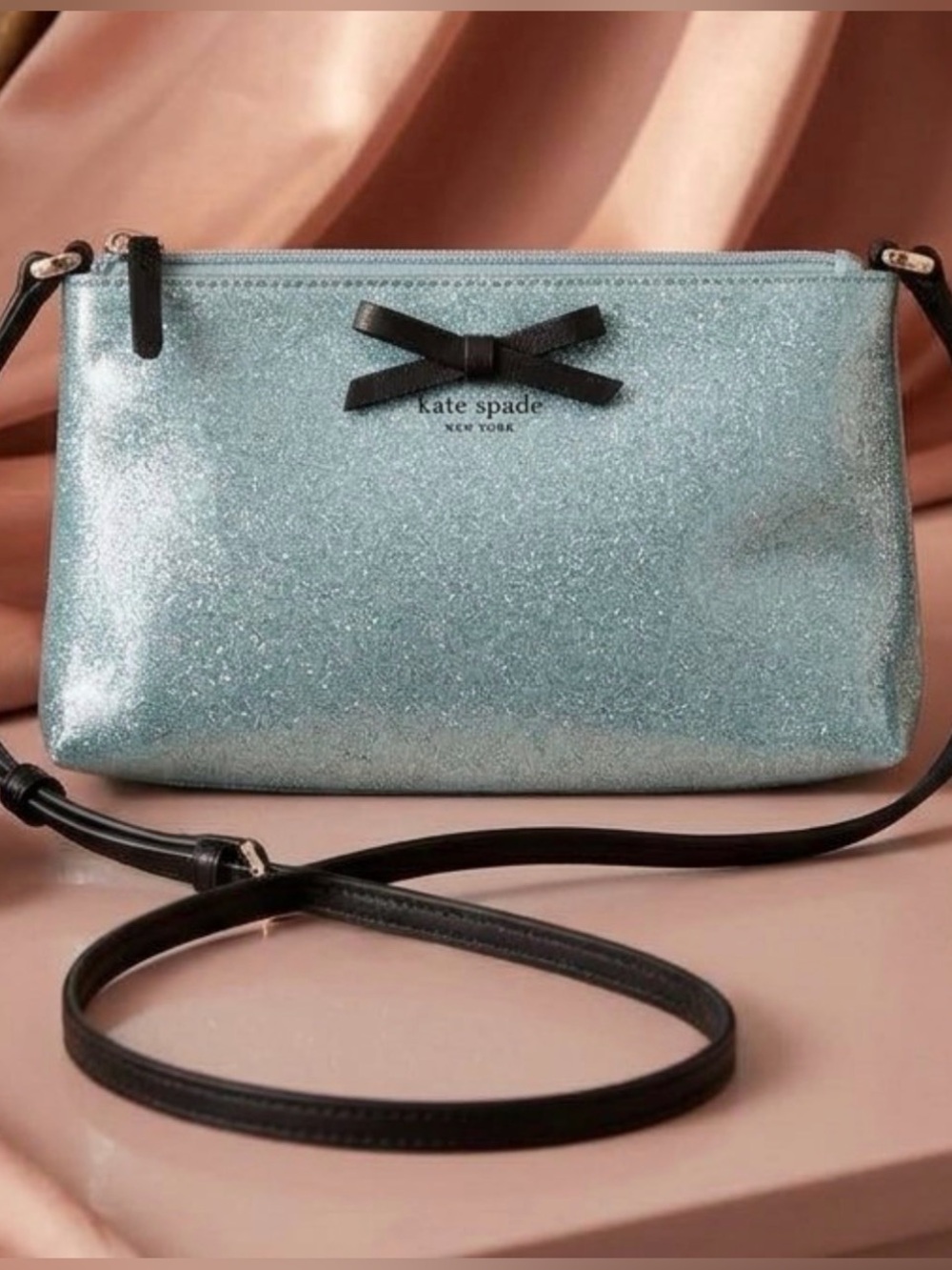 kate spade Mavis Street Amy Light Blue Glitter Crossbody Black Bow Accent